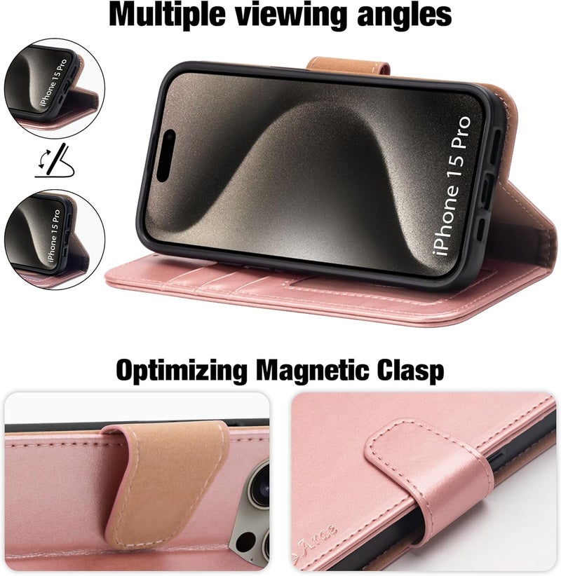 Arae Compatible with iPhone 15 Pro Case with Card Holder and Wrist Strap Wallet Flip Cover for iPhone 15 Pro 6.1 inch,Rose Gold - Image 3